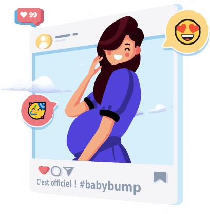 Illustration d'une future maman de profil, main dans les cheveux, dans un cadre de publication sociale légendé « C'est officiel ! #babybump ».